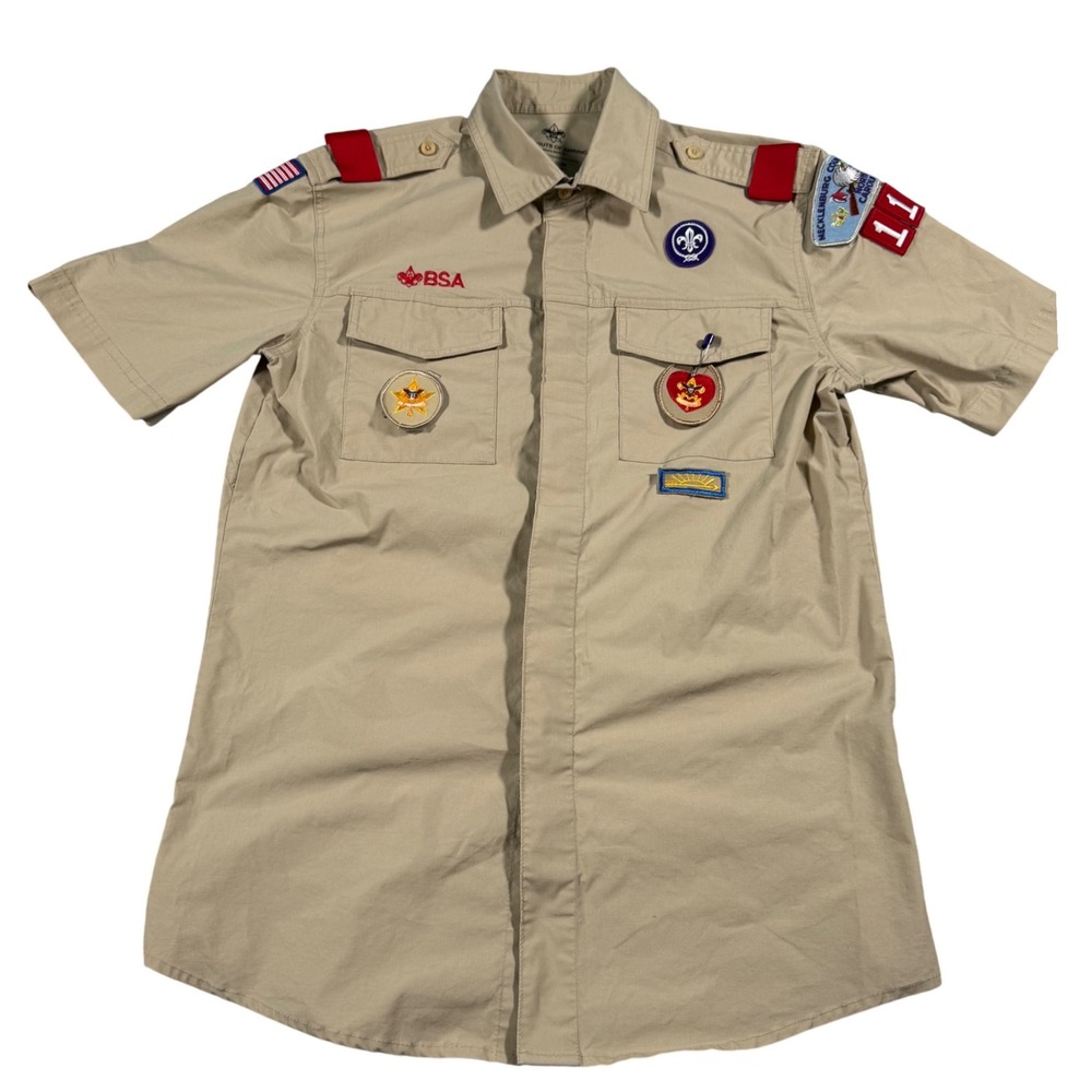 Boy Scouts America Shirt Mens Medium Tan BSA Uniform Patches NC Troop 119 Short
